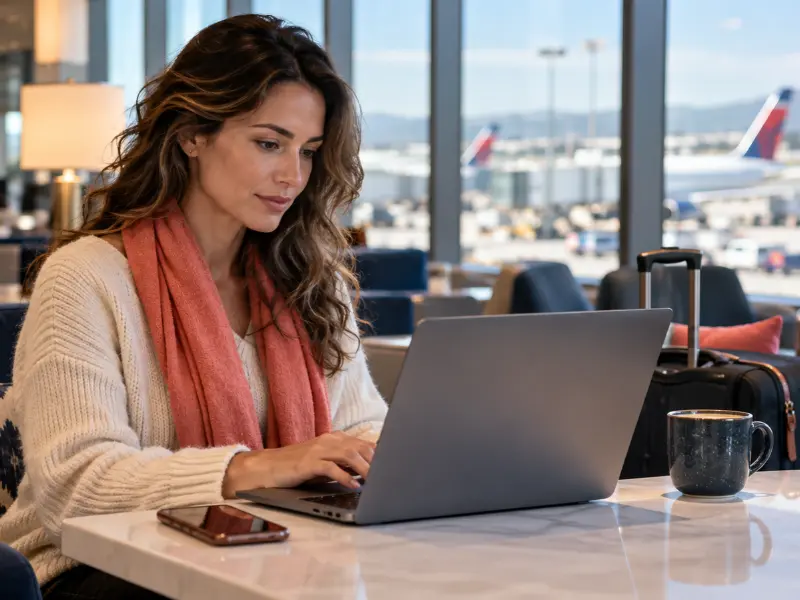Remote worker using a laptop in an airport lounge while travelling