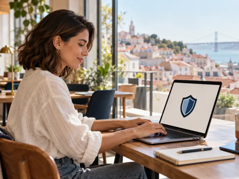 Woman digital nomad working on a laptop in a coworking space